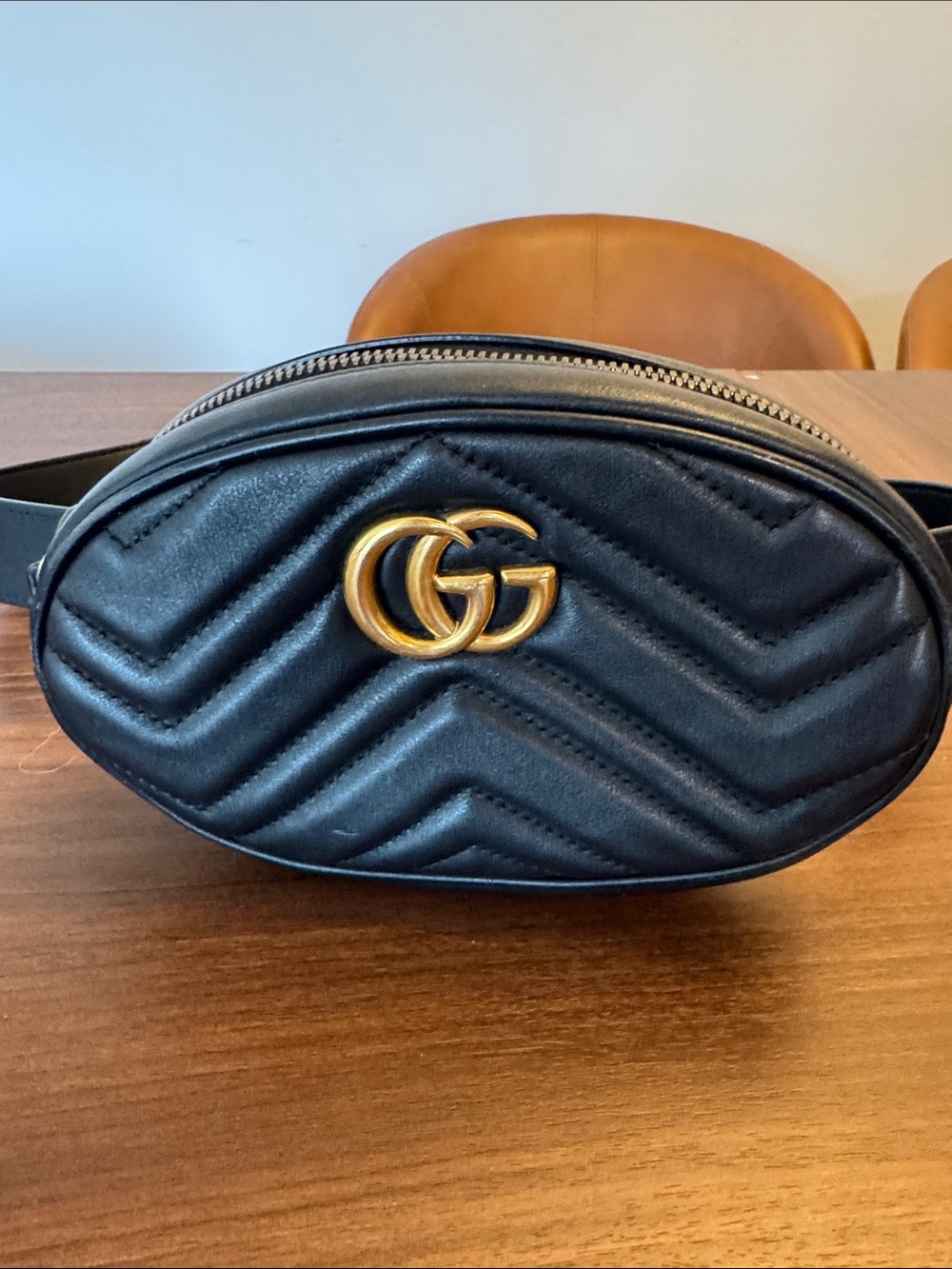 Gucci Black Chevron Matelassé Leather Mini Belt Bag with Gold GG- pre-owned